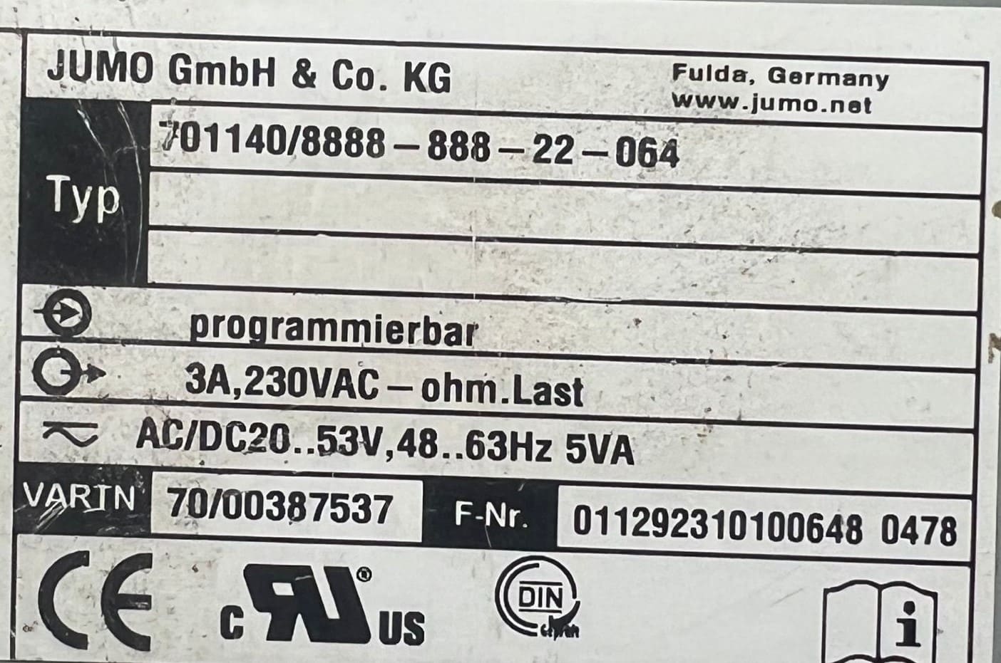 JUMO 701140/8888-888-22-061 TEMPERATURE CONTROLLER thumbnail