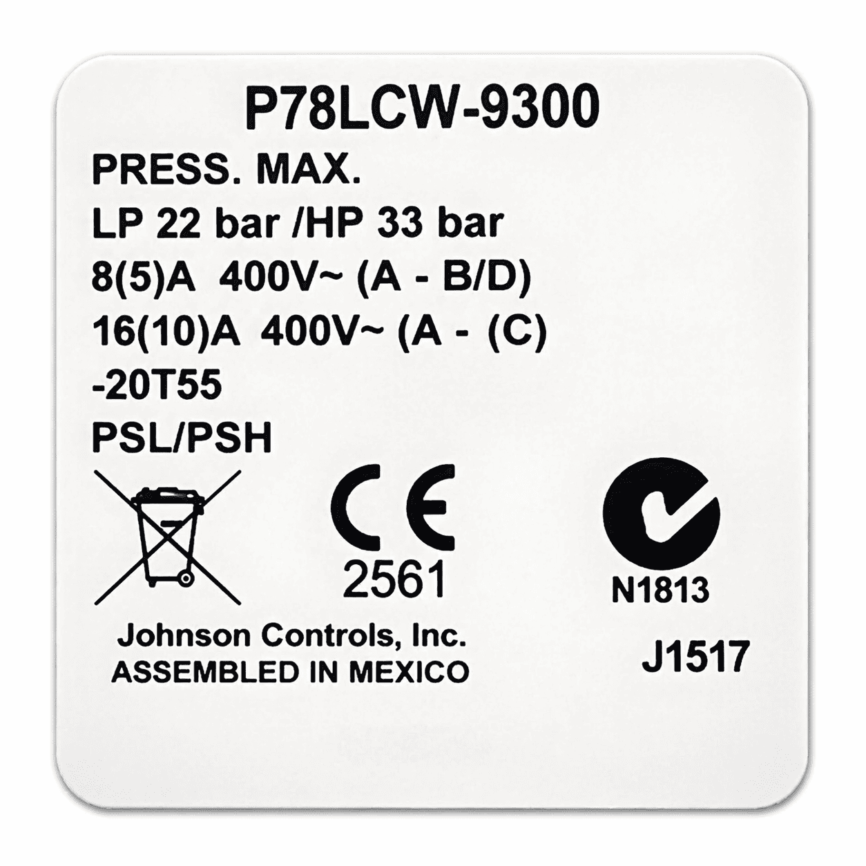 JOHNSON CONTROL P78LCW-9300 Dual Pressure Control Switch thumbnail