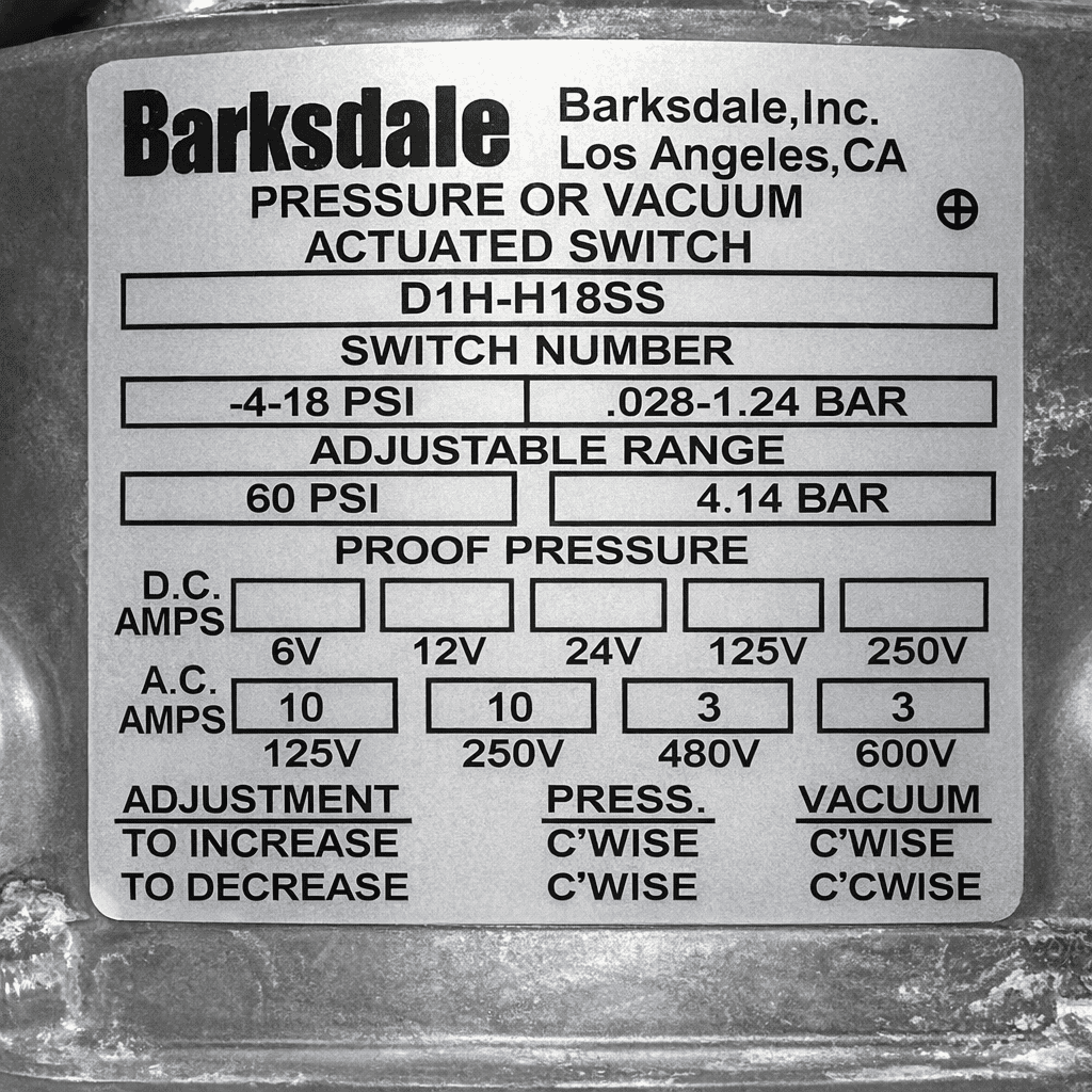 BARKSDALE D1H-H18SS PRESSURE ACTUATED SWITCH thumbnail